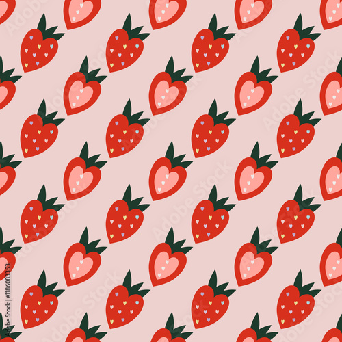Strawberry and heart vibrant valentine illustration red pink adorable pattern.