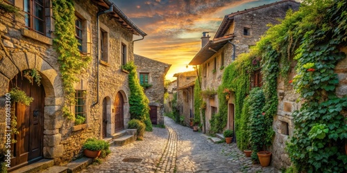 Narrow cobblestone street lined with ancient stone buildings and overgrown with vines in a small Italian village during sunset , old town, italian village