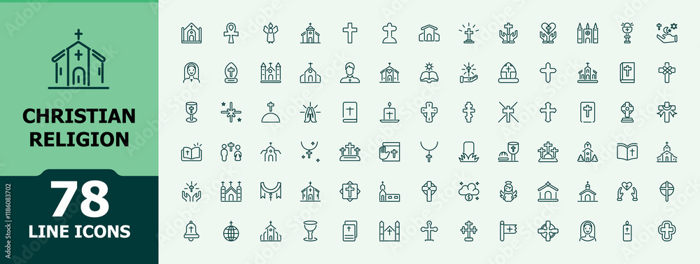 Christian Religion line icons set. Featuring jesus, signs, spirituality, ritual, christianity, catholic, christian and more. Simple and minimalist icon designs. Editable stroke.