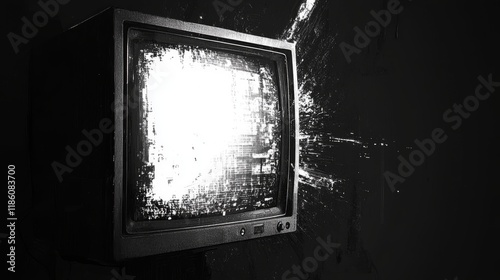 Grungy monochromatic surface with dynamic pixel noise, resembling an old CRT monitor in low light. Rolling static waves create unstable patterns, while magnetic interference causes image warping and photo