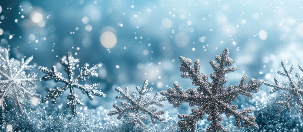 Blue and silver decorations featuring snowflakes. with copy space image. Place for adding text or design Blue and silver decorations featuring snowflakes. with copy space image. Place for adding text or design
