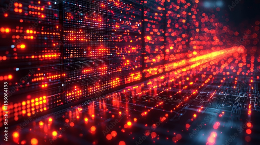 Server rack animation featuring interconnected circuit board dots, Stock Server rack animation featuring interconnected circuit board dots, Stock