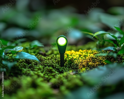 Bright green pin location marker glowing on a mosscovered surface, blending technology with nature photo