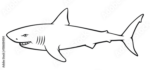 shark great white pointer cartoon outline side view vector isolated on transparent background