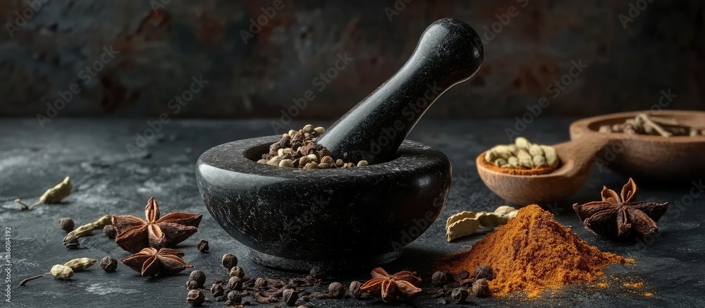 Assorted spices and a mortar on a black background with copy space Assorted spices and a mortar on a black background with copy space