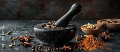 Assorted spices and a morta...