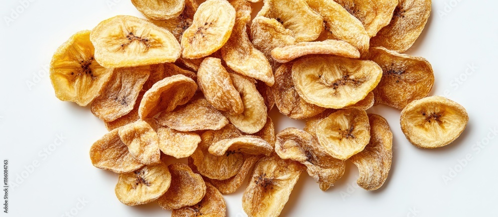 Dried banana chips on a white background with complete depth of field Top view Flat lay. with copy space image. Place for adding text or design Dried banana chips on a white background with complete depth of field Top view Flat lay. with copy space image. Place for adding text or design