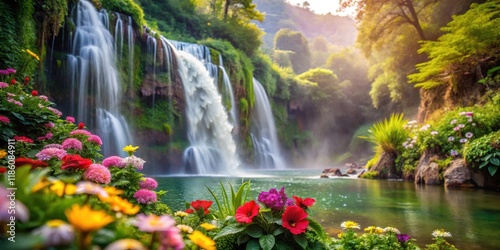 Waterfall with lush greenery and vibrant flowers in the foreground, surrounded by a soft blur effect , flora, foliage