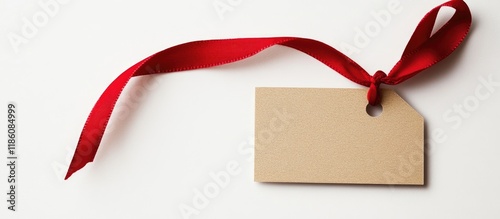 A blank gift or price tag attached with a red ribbon set against a white background. with copy space image. Place for adding text or design