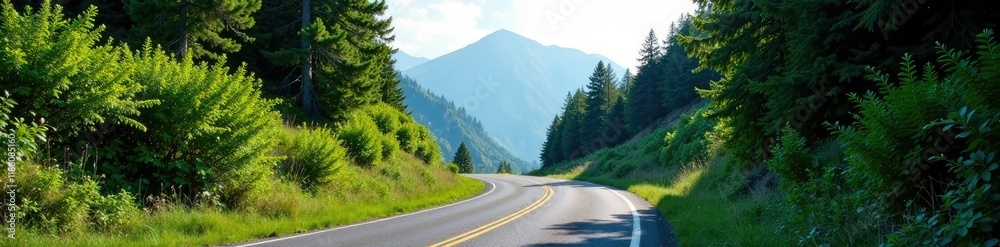 Fototapeta premium Mountain road winds through dense foliage under clear sky, trees, scenery, clear