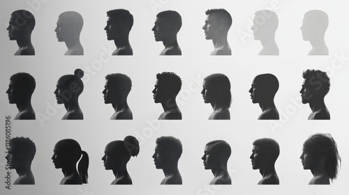 Social media profile placeholder collection, 3x4 grid layout, monochromatic gradient portraits ranging from light gray to deep charcoal, mix of three-quarter and front view faces, contemporary photo