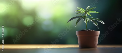 Cannabis cultivation at home A young healthy marijuana plant in a flower pot CBD for health purposes with copyspace A genuine houseplant