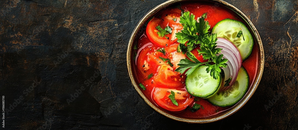 A bowl of gazpacho soup featuring slices of tomato cucumber and onion garnished with parsley leaves captured from above on a dark rustic surface with space for text. with copy space image A bowl of gazpacho soup featuring slices of tomato cucumber and onion garnished with parsley leaves captured from above on a dark rustic surface with space for text. with copy space image
