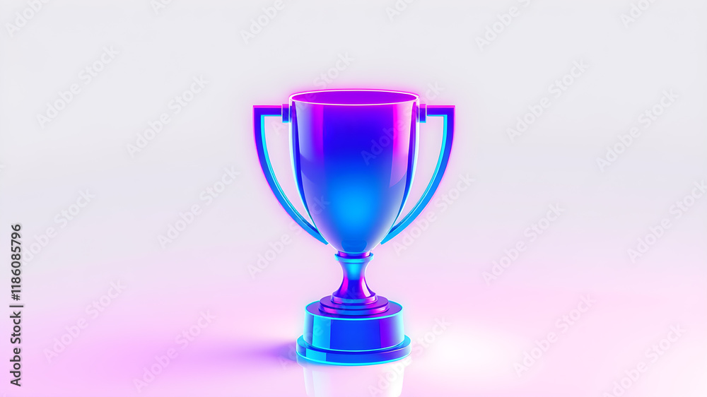 Holographic trophy 3D icon. Purple and blue neon winner prize or award symbol vector illustration isolated on white. Generative AI Holographic trophy 3D icon. Purple and blue neon winner prize or award symbol vector illustration isolated on white. Generative AI