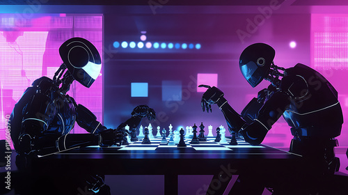Two robotic figures engaged in a chess game, illuminated by vibrant neon lights.