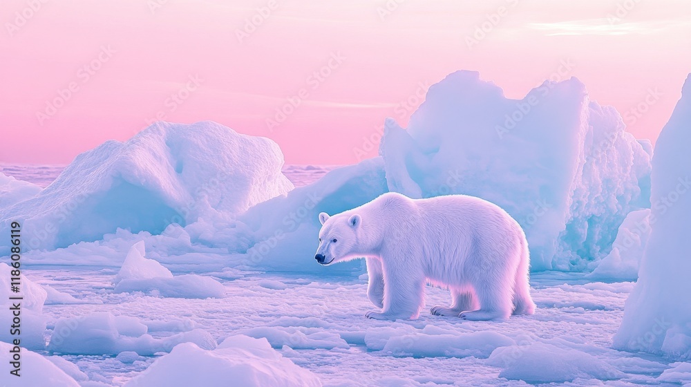 Majestic Polar Bear Walking on Ice Formations at Sunrise