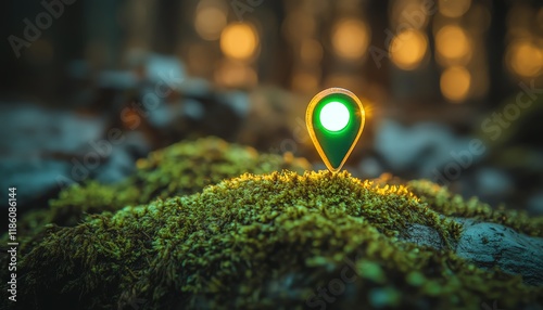 Glowing green pin location marker on a mossy surface, creating a vibrant, natureinspired scene photo