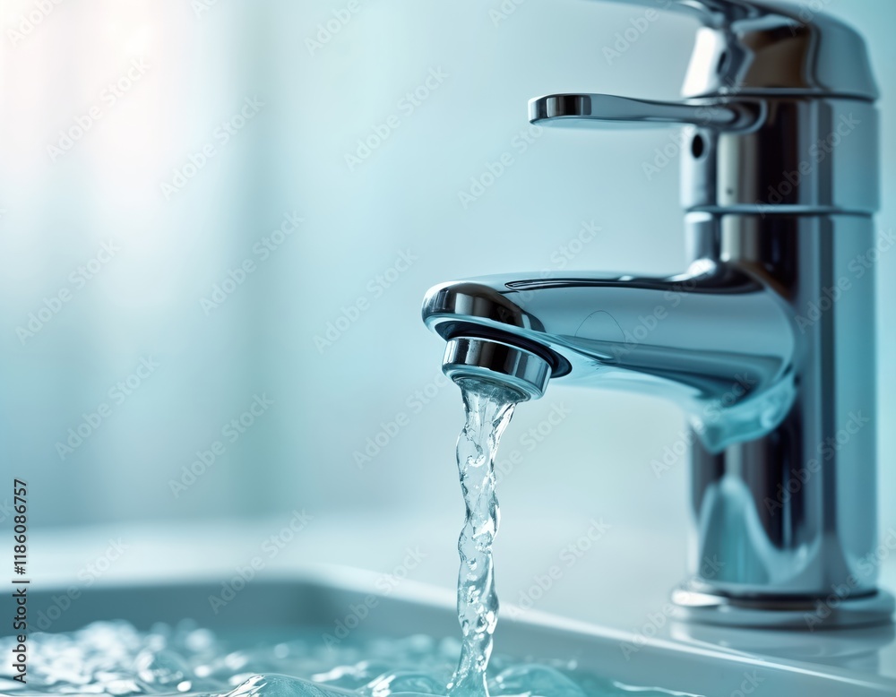 Close-up shot of water tap with flowing water into sink. Clean water flows steadily. Modern chrome tap. Hygiene concept. Water resource conservation. Eco-friendly image. Eco-conscious consumers. Cost Close-up shot of water tap with flowing water into sink. Clean water flows steadily. Modern chrome tap. Hygiene concept. Water resource conservation. Eco-friendly image. Eco-conscious consumers. Cost