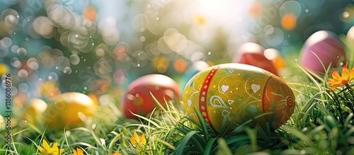 Easter eggs on the grass wi...
