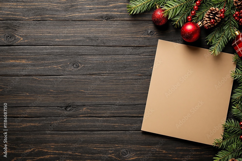 Obraz premium Blank card mockup on dark wooden planks with Christmas decorations, including pine branches, red ornaments, and pinecones. Holiday design concept. Ai generative