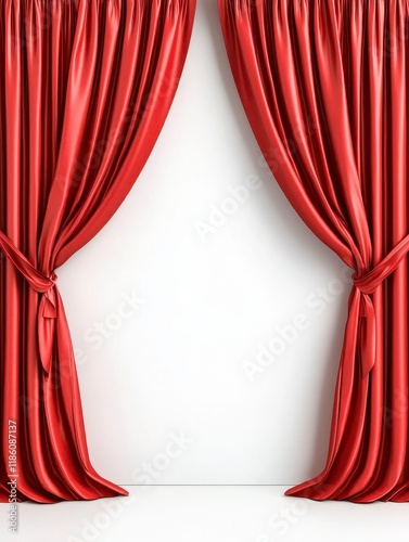 A photostock of bright red curtains drawn apart symmetrically, revealing a clean white background, dramatic and elegant, High Quality