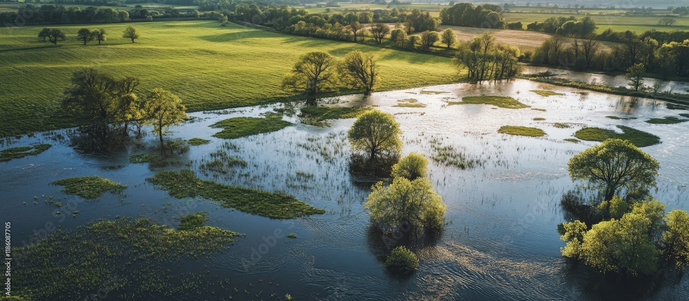Panoramic aerial view of water on a meadow during spring flooding. with copy space image. Place for adding text or design Panoramic aerial view of water on a meadow during spring flooding. with copy space image. Place for adding text or design
