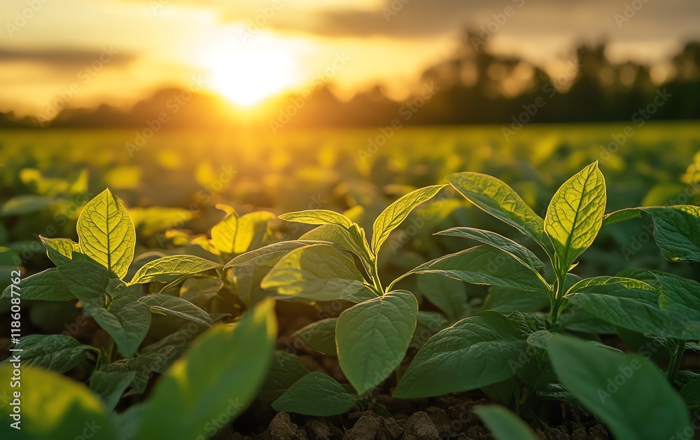 Fototapeta premium Lush green farm field under golden sunset light, highlighting vibrant leaves and serene rural landscape