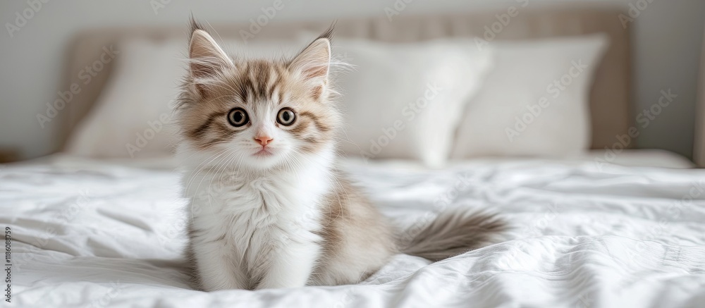 A lovely adorable Siberian kitten sits on the bed gazing at the camera. with copy space image. Place for adding text or design A lovely adorable Siberian kitten sits on the bed gazing at the camera. with copy space image. Place for adding text or design