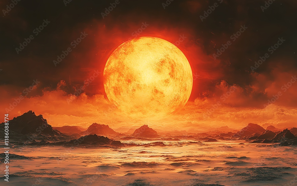 Vast barren wasteland beneath a giant red sun, symbolizing the end of a world in a postapocalyptic scene Vast barren wasteland beneath a giant red sun, symbolizing the end of a world in a postapocalyptic scene