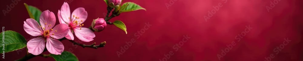 Plum Blossoms against Deep Red Backdrop with Green Leaves, flowers, garden, nature Plum Blossoms against Deep Red Backdrop with Green Leaves, flowers, garden, nature