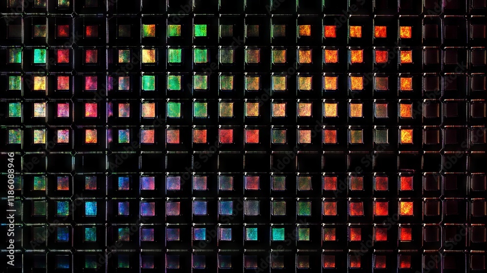 Extreme macro photograph of LED panel, revealing individual RGB diodes in perfect grid alignment. Each pixel consists of distinct red, green, and blue elements with subtle light bleed between them. Extreme macro photograph of LED panel, revealing individual RGB diodes in perfect grid alignment. Each pixel consists of distinct red, green, and blue elements with subtle light bleed between them.