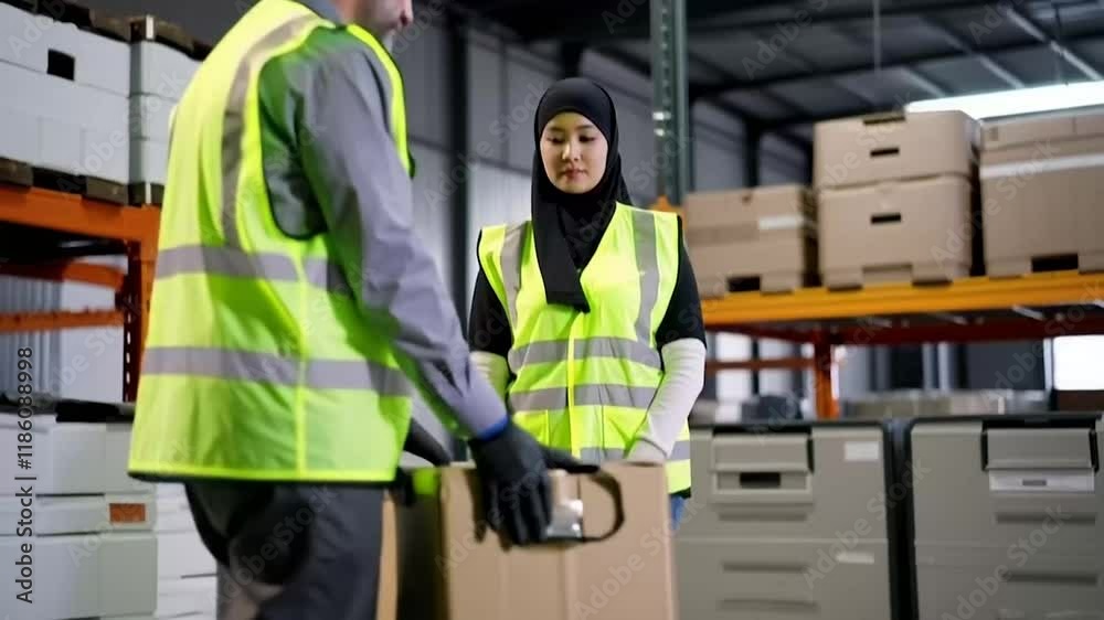A warehouse worker demonstrates the technique of handling a cardboard box, emphasizing proper posture and efficiency in a distribution center environment.