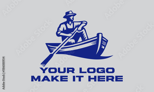 Blue fisherman actively rows boat, fishing with rod. Ideal for fishing,  illustration vector background outdoor, and adventurethemed designs. Great for fishing enthusiasts