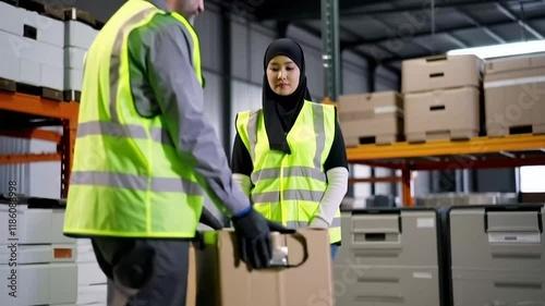 A warehouse worker demonstrates the technique of handling a cardboard box, emphasizing proper posture and efficiency in a distribution center environment.