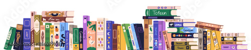 Books border, horizontal row of fiction and education literature. Bookshelf banner with novel, dictionary spines for reading, studying, knowledge. Flat vector illustration isolated on white background