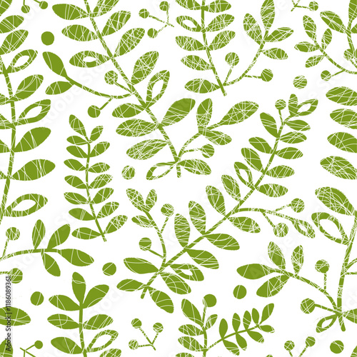 Vector illustration of grunge green monochrome leaves seamless pattern. Floral organic background. For textiles, wallpaper and packaging. Transparent background