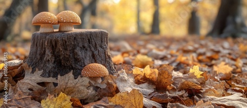 Autumn theme small mushrooms among brown leaves by a tree stump. with copy space image. Place for adding text or design photo