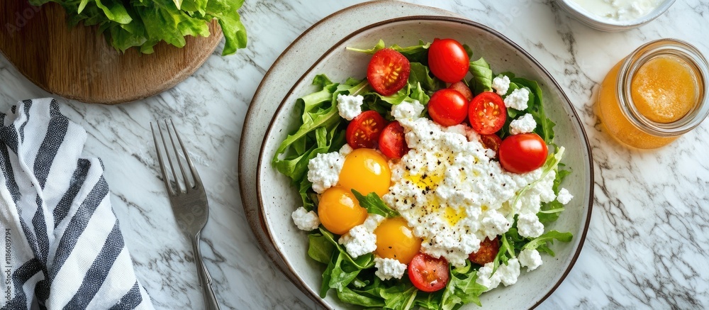 Breakfast table featuring fresh salad cottage cheese and bread Copy space