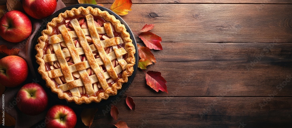 Homemade traditional apple pie with red apples and leaves on a wooden table seen from above. with copy space image. Place for adding text or design Homemade traditional apple pie with red apples and leaves on a wooden table seen from above. with copy space image. Place for adding text or design