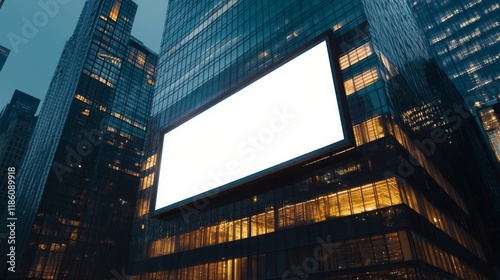 Angled view of massive LED billboard on modern glass skyscraper corner, early evening lighting with cityscape bokeh. Billboard screen blank white against dark building facade, perfect for ad mockup