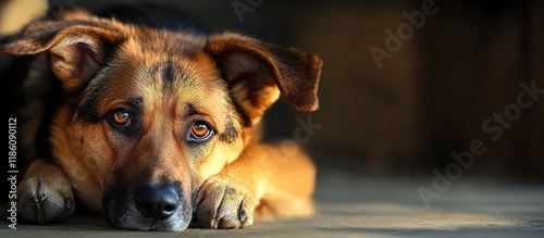 dog rests with a sorrowful ...