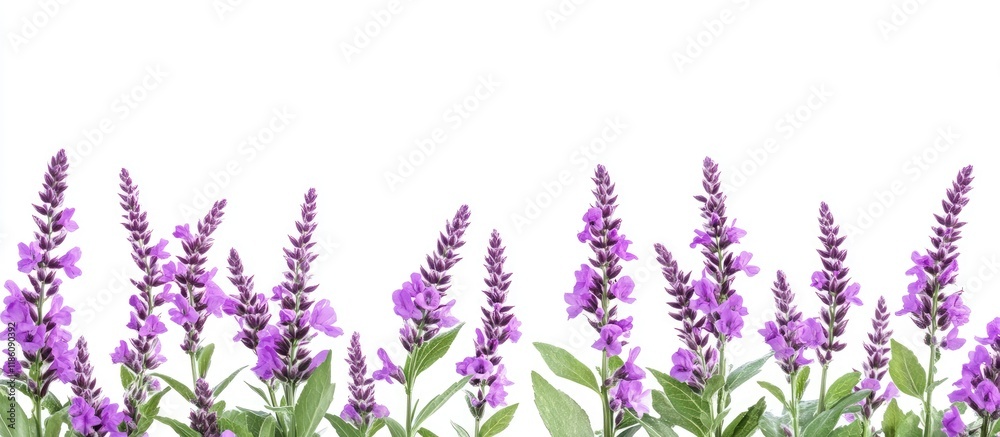Naklejka premium Purple lythrum flowers with leaves against a white background. with copy space image. Place for adding text or design