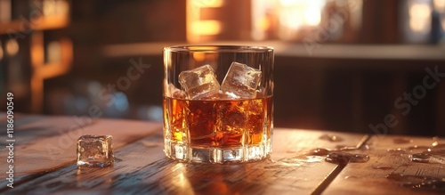Glass of whiskey with ice cubes on a wooden surface. with copy space image. Place for adding text or design
