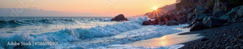 Sea spray and mist on a rocky coastline at dawn, serene, landscape, spray