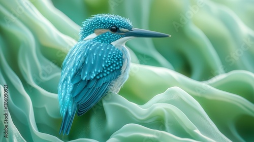 Vibrant blue kingfisher perched on flowing green textile. photo