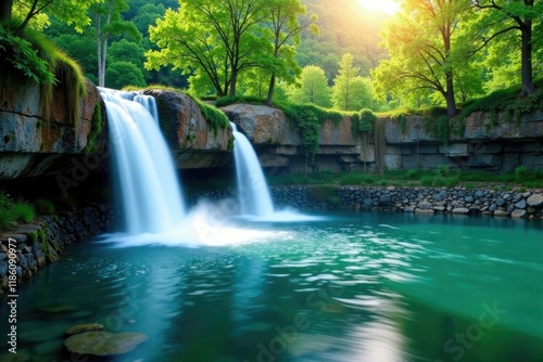 Serene waterfalls cascading into a peaceful lake, tranquility, calm, landscape