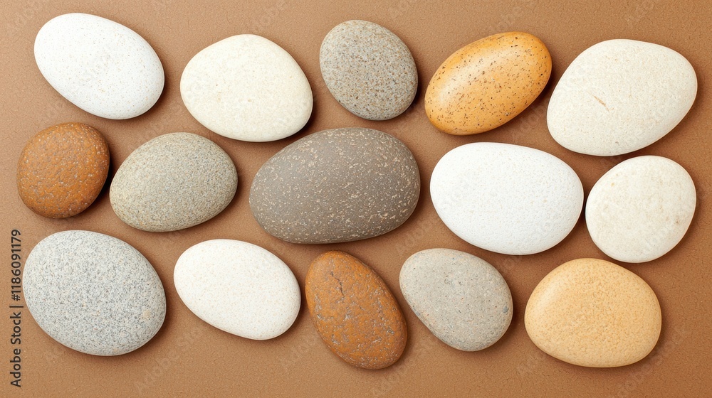 Smooth, Colorful Pebbles on Brown Background - Spa, Wellness, and Nature Concept Smooth, Colorful Pebbles on Brown Background - Spa, Wellness, and Nature Concept