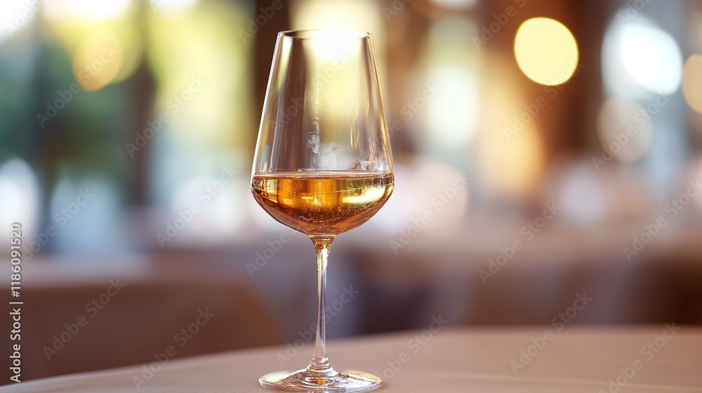 Obraz premium Elegant wine glass with amber liquid against blurred background 