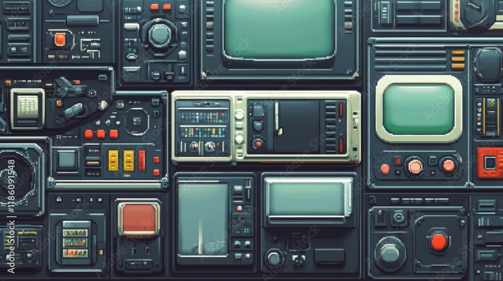 Fototapeta premium System toolbar-inspired pixel elements with beveled edges simulating old CRT monitor look. Includes dialogue boxes, menu buttons, simple geometric shapes maintaining period-accurate resolution limits.