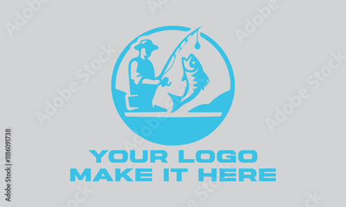 Fisherman catching large leaping light blue fish. Ideal for fishing websites, outdoor magazines, seafood restaurants, and naturethemed designs
